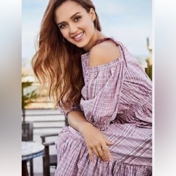 La Vie Rebecca Taylor Lurex Metallic Plaid Cold Shoulder Midi Dress S Pink - Picture 2 of 5